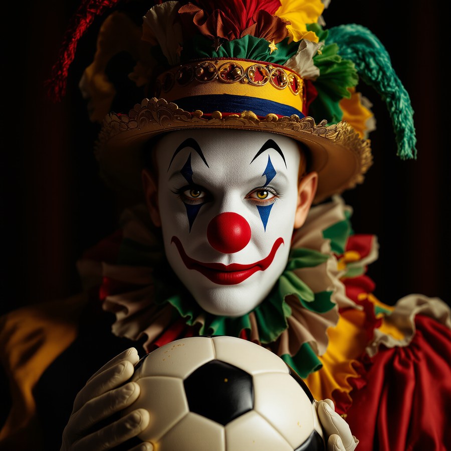 A pierrot clown with a football